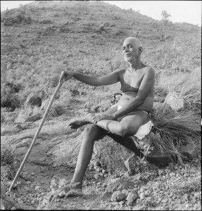 Bhagavan sitting on rock with stick